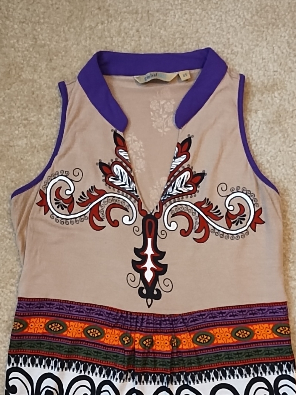 Global Desi Sleeveless Knit Tunic Top Women's Size XS Boho Black White Purple - Picture 2 of 7